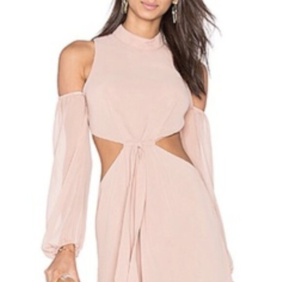 NWT LPA 43 Cold Shoulder Tie Front Side Cutout Mock High Neck Mini Dress in Nude - Picture 1 of 3